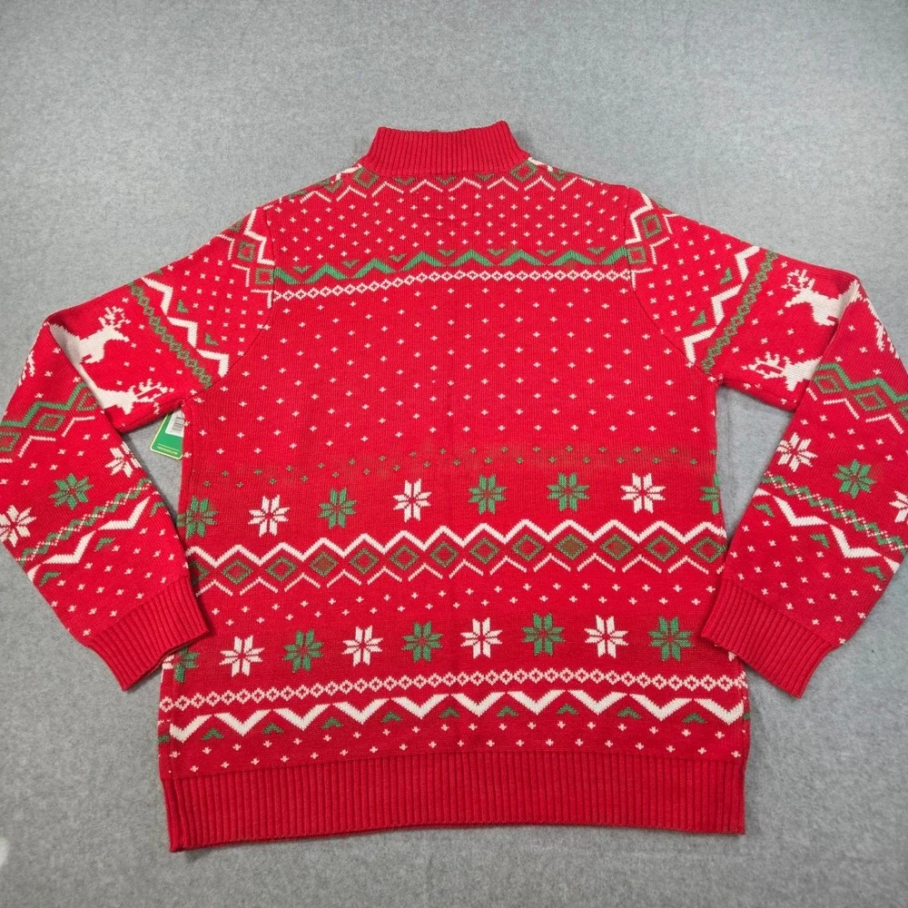 Tipsy Elves Mens Red Reindeer Fair Isle Quarter Zip Christmas Sweater Large NWT